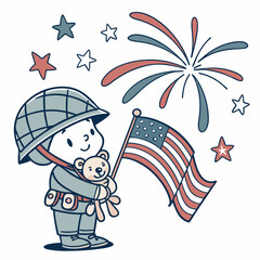 SVG art: A Shy Solider in a 4th of July vibe with with a stuffed animal, tinted with Patriotic Spark tones