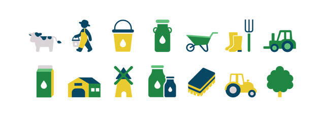 農業・酪農のアイコンセット（牛・ミルク・トラクター・バケツ・農具・風車／黄色・緑色）