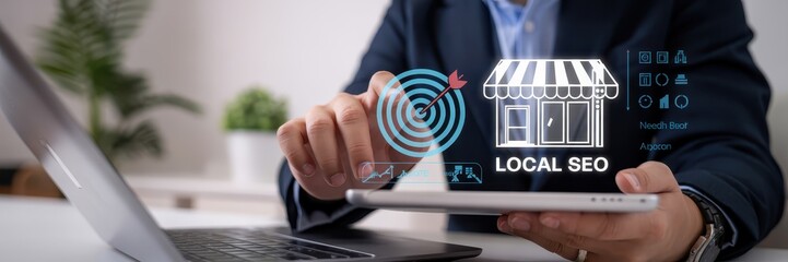 Businessperson interacting with a local SEO concept on a tablet.