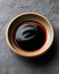 Rich soy sauce in small porcelain bowl against dark textured background evokes culinary elegance