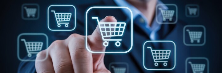 Hand selecting an online shopping cart icon.