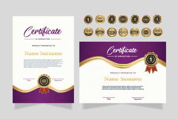 Modern gold and purple certificate of achievement award template with badge and border for business and corporate