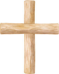 Watercolor wooden cross illustration on transparent background.