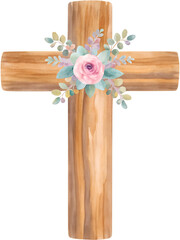 Watercolor wooden cross with floral arrangement on transparent background.