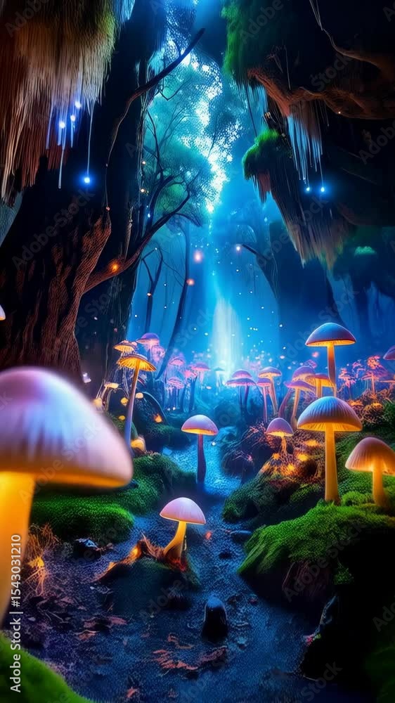 Poster fantasy enchanted mushroom forest illuminated by a glowing stream with blue light filtering through 