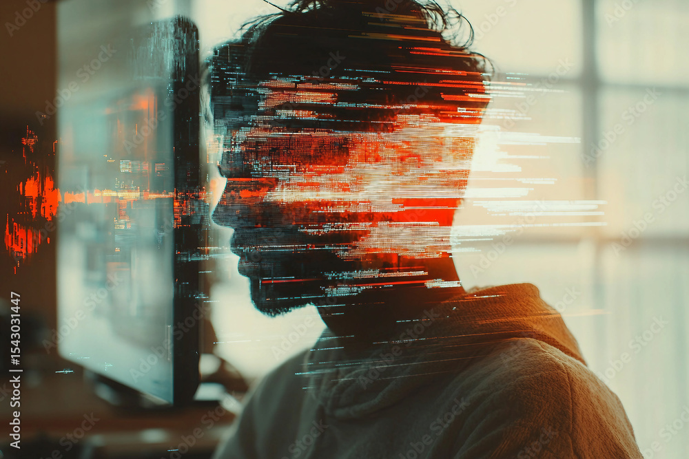 Poster generative ai glitch art of successful digital freelancer or businessman with distorted face and abs