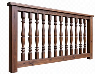 Wooden balustrade with turned spindles, showcasing classic craftsmanship and rich brown finish.
