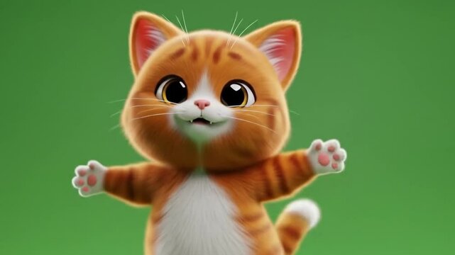 Animated adorable orange cat dancing and expressing emotions on green background