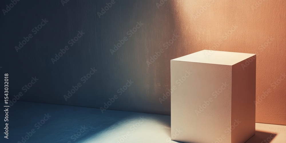 Poster abstract minimalist interior design featuring cubic forms and pedestal elements in soft lighting