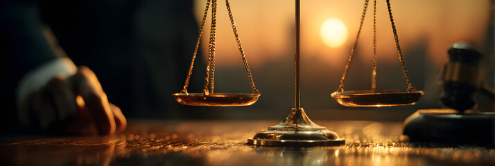 Balanced justice scales and wooden gavel on legal consultation table with professional gesture at sunset, symbolizing fairness and due process in modern law practice