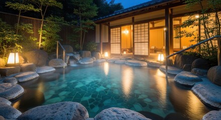 Serene Outdoor Onsen at Dusk in Japanese Garden