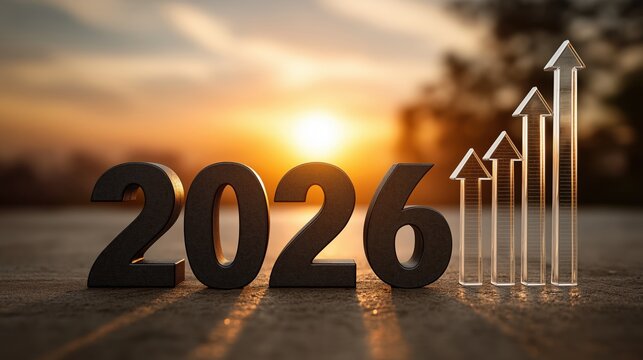 2026 Vision of Progress: The year 2026, with a backdrop of a hopeful sunrise, symbolizing the ascent towards success, underscored by dynamic upward arrows. It illustrates vision.