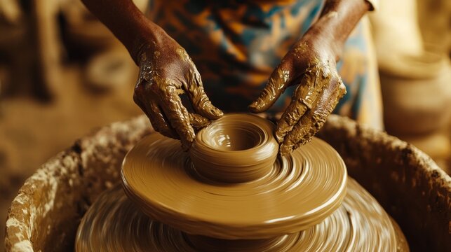 Hands shaping clay on a pottery wheel, demonstrating traditional craftsmanship.