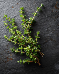 Fresh thyme branches arranged on dark slate background, showcasing vibrant green leaves