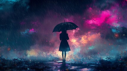A girl holding an umbrella as acid rain falls from the sky 