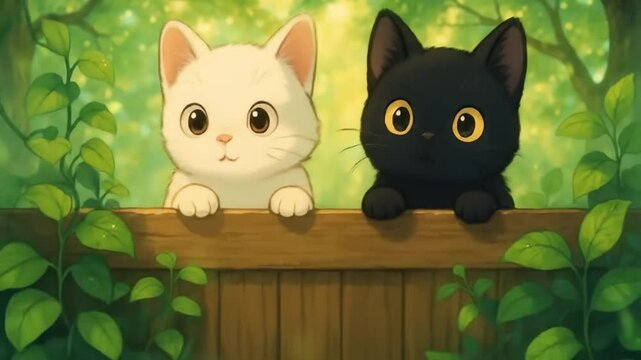 Charming White and Black Anime Kittens Live Wallpaper - Adorable Kawaii Feline Friends Peeking Over Fence with Green Foliage Background