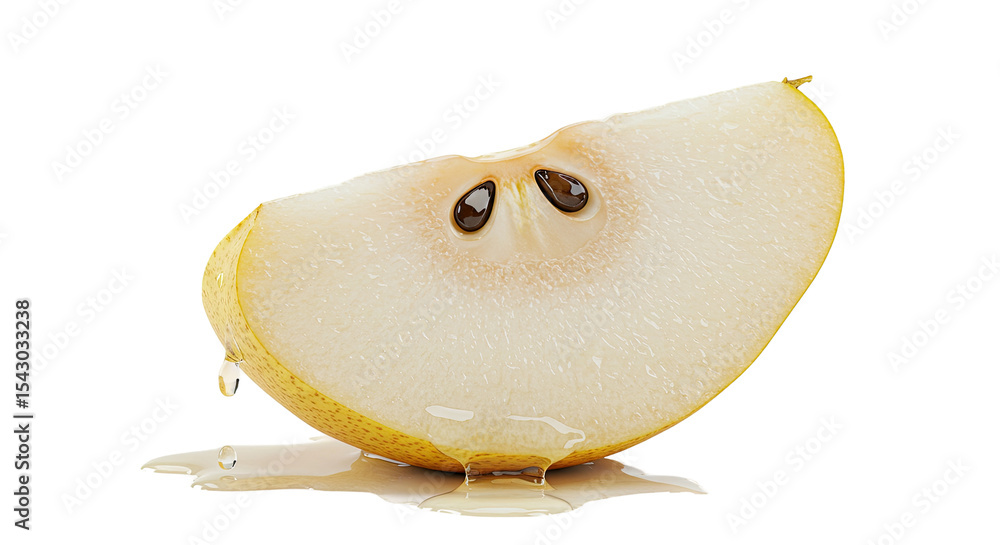 Poster freshly cut pear slice with dripping juice against a dark background