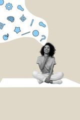 Composite artwork 3D photo collage trend template of young woman sit smile question brain idea brain checkbox creative success cogwheel