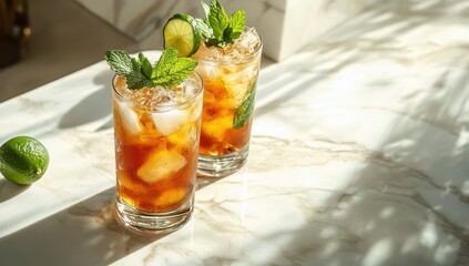 Refreshing Beverages with Mint and Lime Garnish Showcasing Ice in Glasses on a Marble Surface, Perfect for a Relaxing Summer Day or Gathering