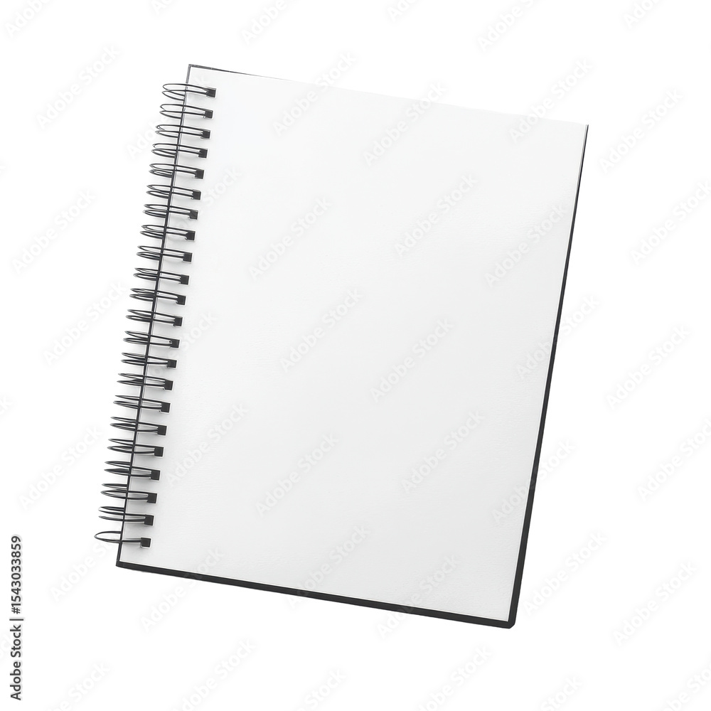 Poster notebook mockup with blank pages and spiral binding isolated on transparent background, notebook moc