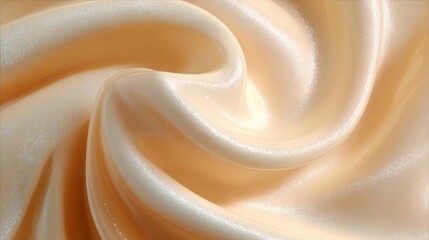 Close-up of a fabric with a smooth and shiny texture. the fabric appears to be a light peach color with a subtle sheen. the folds and creases of the fabric create a sense of movement and flow.