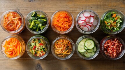 Healthy Pickled Fermented Vegetables Rich in Probiotics. Colorful Array of Fresh Vegetables in Jars, Perfectly Arranged for a Healthy Meal or Snack Preparation with a Variety of Textures and Flavors