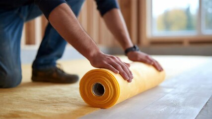 Person installing yellow fiberglass insulation material floor unfinished room, hands rolling out insulation for home improvement, renovation, and energy efficiency project, cozy atmosphere