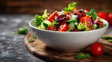 A beautifully arranged salad bursting with colors from fresh vegetables and herbs, promoting healthy eating and an appetizing experience for food enthusiasts.