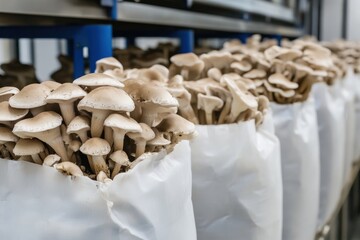 An Abundance of Freshly Harvested Mushrooms Displayed in White Bags in a Controlled Farming Environment, Showcasing Agricultural Innovation and Sustainability