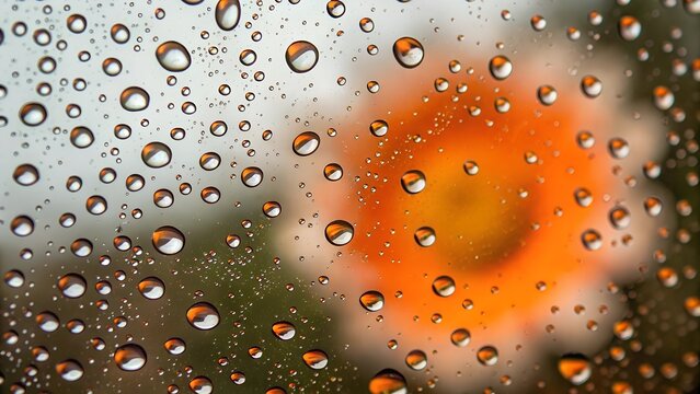 closeup of water droplets on glass with a blurred