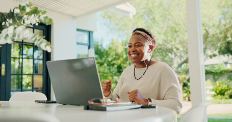 Happy, black woman and video call with laptop for conversation or communication in backyard. Female person, computer and discussion with smile or earphones for chat, app or webinar on outdoor patio