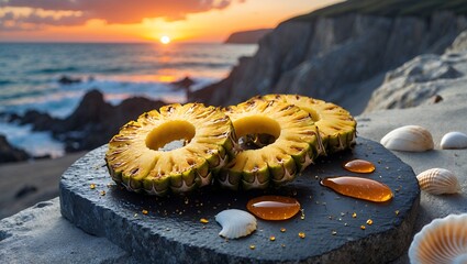 Grilled Pineapple Slices on Black Stone Plate with Sunset Ocean View