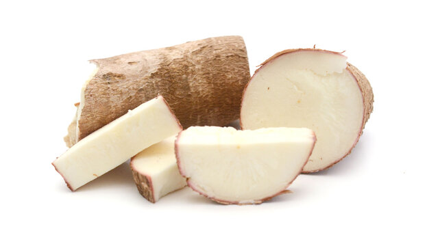 Halved Yuca Root. Single brown wrinkled and cracked yuca root cut in half on a white background
