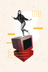 Sketch design trend artwork poster 3D photo collage of young lady stand computer monitor stand...