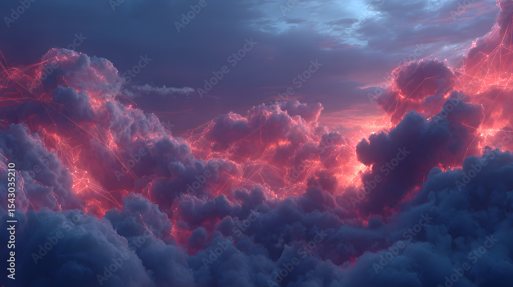 Poster futuristic cloudscape with glowing red and blue network connections symbolizing digital cloud infras
