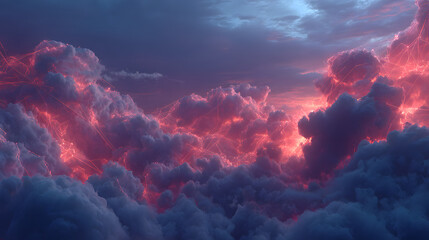 Futuristic cloudscape with glowing red and blue network connections symbolizing digital cloud infrastructure.