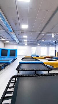 Bright indoor trampoline park featuring rows of square trampolines and safety padding for recreational jumping activities and fitness training