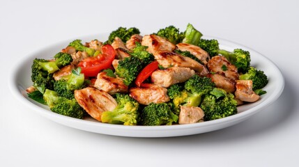 baked chicken breast with broccoli diet food white background top view
