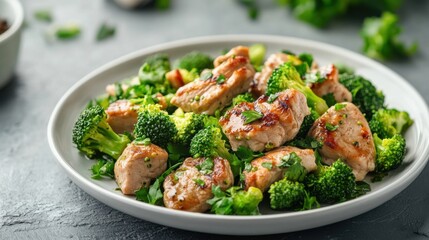 baked chicken breast with broccoli diet food white background top view