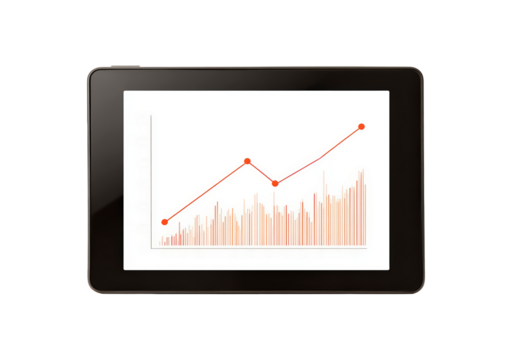 Business growth analysis on tablet displaying rising graph chart on transparent background, PNG