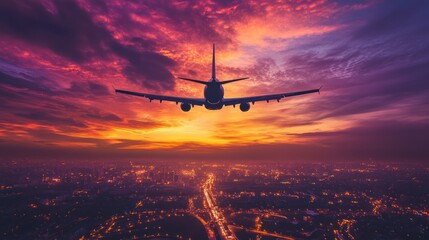 Airplane over city at vibrant sunset