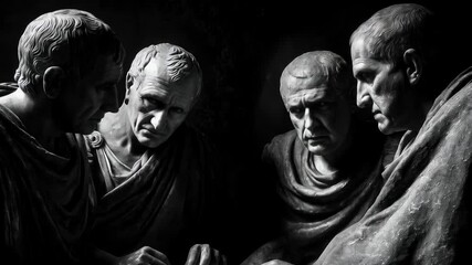 Four historical figures engaged in intense discussion in a dimly lit setting, showcasing expressions of contemplation and debate