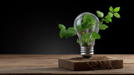 Light bulb with green leaves growing reflects eco-ideas innovation. Sustainable design shown. AI generated.