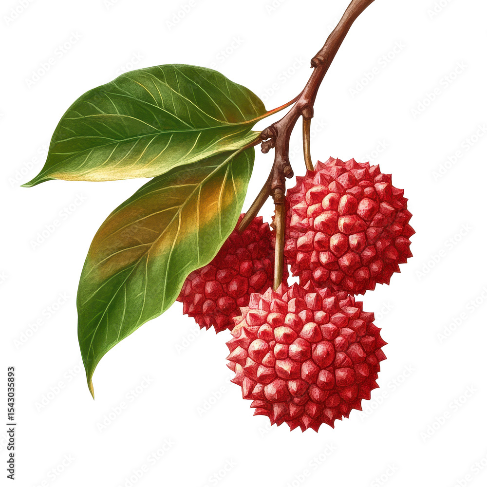 Poster lychee fruit with green leaves on a transparent transparent background showing natural colors and te