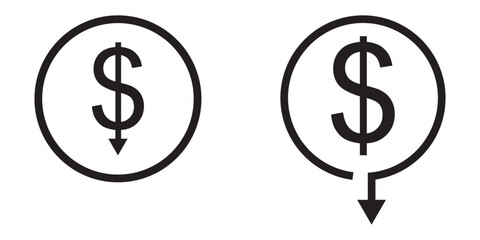 Dollar sign with downward arrow symbolizes cost savings. Dollar down icon. Cost reduction icon. Vector. Isolated.