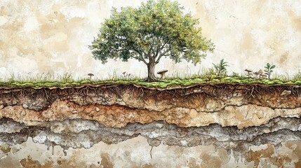 hand-drawn look cutaway of tree, fungi network, and layered soil .