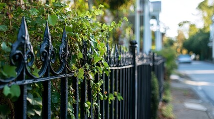 Vines climbing old fence in residential street .