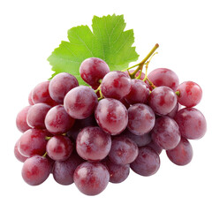 Fototapeta premium Fresh red grapes on a white background with a green leaf emphasizing their natural appeal and vibrant color, Grapes isolated on white background