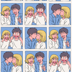 Portraits of lovely young couple kissing, smiling, fooling around. Anime, manga, kawaii asian style. Hand drawn Vector illustration. Love, relationship, emotions, dating concept. Seamless Pattern