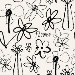 Black abstract Flowers. Crayon, charcoal, kid childish, naive art, scribble line, doodle brush style. Hand drawn modern Vector illustration. Primitive, minimal sketchy seamless Pattern, background